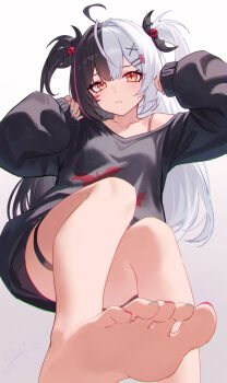 1girl absurdres ahoge animal_print aqua_nails barefoot bat_hair_ornament bat_print black_hair black_shirt bra_strap closed_mouth commentary_request foot_out_of_frame frown gradient_hair hair_ornament hairclip hands_up highres lacrimosa_(new_moon_lullaby)_(nte) lacrimosa_(nte) long_hair long_sleeves looking_at_viewer multicolored_hair multicolored_nails nail_polish neverness_to_everness official_alternate_costume parallel_hairclips pink_nails red_eyes shali shirt simple_background soles solo split-color_hair thigh_strap toenail_polish toenails toes two-tone_hair two_side_up very_long_hair white_hair