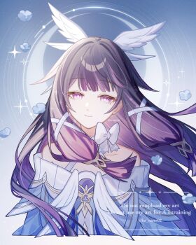 1girl bare_shoulders black_hair bow bright_pupils closed_mouth columbina_(genshin_impact) commentary dress floating_hair genshin_impact hair_ribbon hana_(nemukunai87) head_wings highres long_hair looking_at_viewer multicolored_hair purple_eyes purple_hair ribbon smile solo twitter_username two-tone_hair upper_body watermark white_bow white_pupils white_ribbon wings