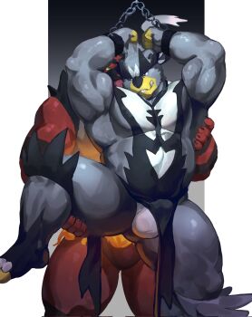 2boys arange_(youhei79384157) arms_up bara bulge commentary_request cuffs furry furry_male furry_with_furry gen_7_pokemon gen_8_pokemon highres holding_another's_leg incineroar legendary_pokemon male_focus multiple_boys muscular muscular_male nintendo pokemon pokemon_(creature) restrained thick_thighs thighs urshifu urshifu_(single) yaoi