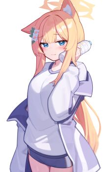 1girl absurdres animal_ear_fluff animal_ears blue_archive blue_eyes blue_jacket blue_shorts blush bottle bottle_to_cheek breasts cat_ears cat_girl closed_mouth commentary_request cowboy_shot deaver dot_nose double-parted_bangs flower gym_shirt gym_shorts hair_flower hair_ornament halo highres holding holding_bottle jacket long_hair long_sleeves looking_at_viewer low_ponytail mari_(blue_archive) mari_(track)_(blue_archive) off_shoulder official_alternate_costume open_clothes open_jacket orange_hair plastic_bottle ponytail puffy_long_sleeves puffy_sleeves shirt short_shorts shorts sidelocks simple_background one_ear_down solo track_jacket upper_body water_bottle white_background white_flower white_shirt yellow_halo