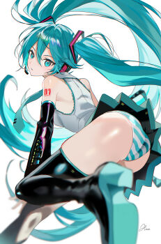 1girl absurdres aqua_eyes aqua_hair ass black_skirt black_sleeves black_thighhighs breasts detached_sleeves from_below grey_shirt hair_between_eyes hatsune_miku haze_(7h4ze) headset highres long_hair looking_at_viewer medium_breasts panties shirt simple_background skirt sleeveless sleeveless_shirt striped_clothes striped_panties thighhighs twintails underwear very_long_hair vocaloid white_background