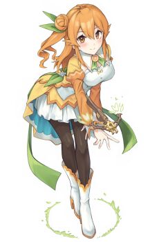 Rule 34 | 1girl, absurdres, breasts, commentary request, hair bun, highres, hinatsuki mikan, large breasts, looking at viewer, machikado mazoku, orange hair, pantyhose, semi colon, simple background, single hair bun, smile, solo, white background