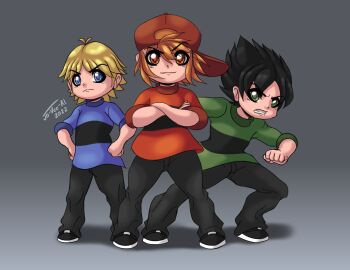 3boys absurdres angry antenna_hair backwards_hat black_hair black_pants black_shoes blonde_hair blue_eyes blue_skirt boomer_(ppg) brick_(ppg) brothers butch_(ppg) child clenched_hand crossed_arms frown green_eyes green_shirt grey_background hands_on_own_hips hat highres jo-vee-al looking_at_viewer male_focus multiple_boys orange_hair pants parted_bangs powerpuff_girls red_eyes red_hat red_shirt rowdyruff_boys shirt shoes siblings side-by-side signature skirt sleeves_rolled_up smile sneakers spiked_hair standing striped_clothes striped_shirt v-shaped_eyebrows white_shoes