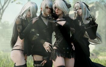 2b_(nier:automata) 3d 4girls a2_(nier:automata) android armlet asymmetrical_hair asymmetrical_legwear bare_shoulders black_camisole black_choker black_dress black_hairband black_jacket black_legwear black_shorts blender_(medium) blurry blurry_background bob_cut braid camisole chest_strap choker collarbone commentary dirty drag-on_dragoon drag-on_dragoon_3 dress english_commentary flower flower_over_eye grey_eyes hair_ornament hair_ribbon hairband hairpin hand_on_another&#039;s_arm hand_on_another&#039;s_shoulder highres in-franchise_crossover jacket jewelry joints kaine_(nier) leonyash3d long_hair long_sleeves mole mole_under_mouth multiple_girls nier:automata nier_(series) nier_reincarnation official_alternate_costume prosthesis prosthetic_arm red_eyes ribbon robot_joints see-through_clothes see-through_sleeves short_hair shorts single_braid time_paradox watermark white_hair yellow_eyes zero_(drag-on_dragoon)