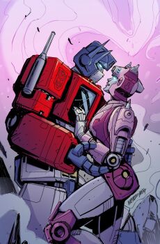 1girl absurdres armor autobot blue_eyes couple elita_one exhaust_pipe glowing glowing_eyes helmet highres humanoid_robot insignia marcelo_matere mask mecha metal_skin mouth_mask no_humans optimus_prime pink_armor pink_helmet pink_lips robot robot_girl science_fiction transformers transformers:_generation_1 valentine