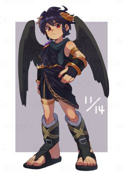 1boy angel_wings azcbcd bare_shoulders black_hair black_wings brown_eyes dark_pit dated feathered_wings full_body grey_background hand_on_own_hip highres kid_icarus male_focus nintendo short_hair simple_background solo wings
