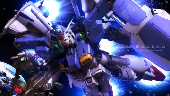 3d asteroid beam_rifle commentary commentary_request earth_(planet) earth_federation_space_forces energy_gun english_commentary english_text glowing glowing_eyes gm_cannon_ii green_eyes gundam gundam_0083 gundam_gp-03_stamen highres machinery mecha mecha_focus mobile_suit no_humans planet radio_antenna realistic robot roundel s.hasegawa science_fiction shield signature space thrusters weapon