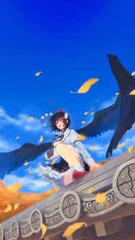 Rule 34 | 1girl, architecture, arm support, autumn leaves, black hair, black skirt, black wings, blue sky, bo cota, camera, commentary, day, east asian architecture, falling leaves, feathered wings, frilled skirt, frills, hat, highres, holding, holding camera, kneeling, leaf, on roof, open mouth, outdoors, pom pom (clothes), red hat, shameimaru aya, shirt, short hair, skirt, sky, solo, symbol-only commentary, tengu, tokin hat, touhou, white shirt, wings