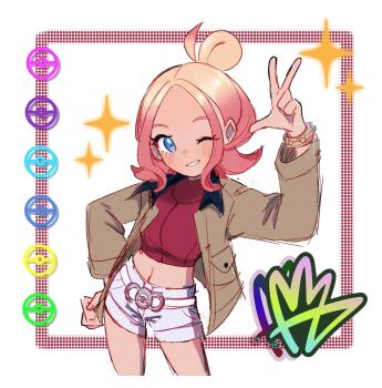 1girl blonde_hair blue_eyes blush bracelet brown_jacket commentary cowboy_shot english_commentary hair_bun hand_on_own_hip highres jacket jewelry long_sleeves looking_at_viewer midriff multicolored_hair navel nintendo one_eye_closed open_clothes open_jacket pink_hair poke_ball_symbol pokemon pokemon_legends:_z-a primal_lazuli short_hair shorts solo taunie_(pokemon) two-tone_hair w white_shorts