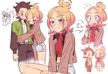 +++ 1boy 1brad 1girl belt blonde_hair blue_belt blue_eyes blush brown_hair brown_jacket chibi closed_mouth commentary_request crop_top eyelashes flying_sweatdrops green_jacket hair_bun hetero highres index_finger_raised jacket korean_commentary korean_text long_sleeves midriff multiple_views navel nintendo open_clothes open_jacket pants paxton_(pokemon) pokemon pokemon_legends:_z-a red_shirt shirt shorts smile speech_bubble split_mouth sweatdrop taunie_(pokemon) thought_bubble translation_request