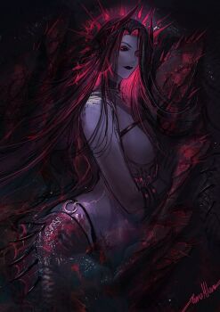 Rule 34 | 1girl, black sclera, chief (path to nowhere), colored sclera, cowboy shot, female chief (path to nowhere), highres, horns, looking at viewer, mermaid, monster girl, original, path to nowhere, renepolumorfous, solo, topless female