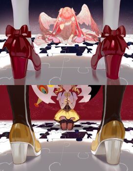 4girls absurdly_long_hair angel_wings black_background blonde_hair bow charlotte_(madoka_magica) drill_hair dual_persona high_heels highres impending_death kaname_madoka kaname_madoka_(magical_girl) kneeling long_hair magical_girl mahou_shoujo_madoka_magica mahou_shoujo_madoka_magica_(anime) mami_mogu_mogu multiple_girls pink_hair pinlin praying puzzle_piece red_background split_screen tomoe_mami tomoe_mami_(magical_girl) twin_drills two_side_up ultimate_madoka very_long_hair white_bow wings