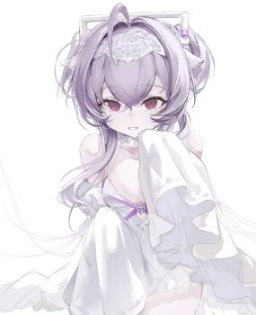 1girl ahoge bare_shoulders collar crossed_bangs detached_sleeves gelasi giggling goddess_of_victory:_nikke grin hair_between_eyes hair_intakes hairband hand_to_own_mouth headgear highres leotard liberalio_(nikke) long_sleeves looking_at_viewer pantyhose purple_hair red_eyes short_hair_with_long_locks sitting sleeves_past_fingers sleeves_past_wrists smile solo two_side_up white_background white_collar white_leotard white_pantyhose white_sleeves