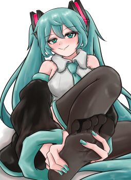 1girl blue_eyes blue_hair blush feet hatsune_miku highres long_hair looking_at_viewer see-through_clothes see-through_legwear sei03091 smile soles thighhighs toes twintails vocaloid