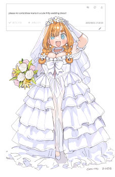 1girl 2025 alternate_costume arm_up blue_eyes bouquet bow braid braided_hair_rings breasts bridal_veil bride cleavage conto dress fan_request flower frilled_dress frills full_body gloves hair_flower hair_ornament hair_rings head_wreath highres holding holding_bouquet jewelry large_breasts lipstick long_hair looking_at_viewer makeup maria_(conto) necklace odaibako open_mouth orange_hair original pearl_necklace puffy_short_sleeves puffy_sleeves red_lips request_inset salute see-through_clothes see-through_sleeves short_eyebrows short_sleeves smile solo thick_eyebrows twin_braids veil wedding_dress white_bow white_dress white_gloves
