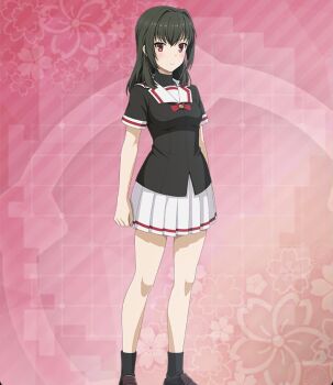 Rule 34 | 1girl, bare legs, black shirt, black socks, bow, bowtie, breasts, brown shoes, clenched hand, closed mouth, commentary request, dot nose, feet out of frame, floral background, game cg, green hair, hair intakes, highres, juujou kagari, long hair, looking at viewer, medium breasts, official art, pink background, red bow, red bowtie, red eyes, renpu girls school uniform (old design), resized, sailor collar, shirt, shoes, short sleeves, sidelocks, skirt, socks, solo, third-party source, toji no miko, toji no miko: kizamishi issen no tomoshibi, upscaled, variant set, white sailor collar, white skirt