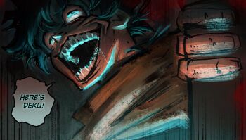 1boy boku_no_hero_academia commentary crazy crazy_eyes crazy_smile english_commentary english_text green_eyes green_hair here's_johnny!_(meme) highres long_bangs looking_up male_focus meme midoriya_izuku nose open_mouth saliva saliva_trail scarf scene_reference short_hair smile solo sonic1nstinct speech_bubble teeth yellow_scarf