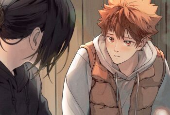 Rule 34 | 2boys, black hair, black hoodie, blush, commentary request, grey hoodie, haikyuu!!, highres, hinata shouyou, hood, hood down, hoodie, jacket, korean commentary, kozume kenma, looking at another, male focus, multiple boys, orange hair, ssom, upper body