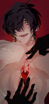 1boy black_gloves black_hair exposed_bone exposed_muscle gloves hair_over_one_eye highres hole_in_chest hole_on_body male_focus no_shirt open_mouth pectorals puppet_strings scar scar_on_chest scar_on_face self-harm short_hair slow_damage solo stomach string string_of_fate towa_(slow_damage) upper_body yellow_eyes youyi494050