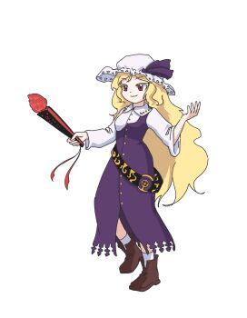 Rule 34 | 1girl, ay606078, belt, black belt, boots, brown boots, collared shirt, commentary request, dress, folded fan, folding fan, fossilized wonders, full body, hand fan, hashtag-only commentary, hat, hat ribbon, highres, holding, holding fan, long hair, long sleeves, loose belt, purple dress, purple ribbon, red eyes, ribbon, shirt, simple background, single strap, socks, solo, touhou, very long hair, watatsuki no toyohime, white background, white hat, white shirt, white socks