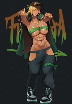 1girl abs absurdres baggy_pants bandana bandana_around_thigh bandeau baseball_cap beuto black_pants bling blonde_hair borrowed_character brass_knuckles breasts chain character_name clenched_hand clothing_cutout collarbone commentary commission crip_walk dark-skinned_female dark_skin english_commentary fiona_(hpontiqtonicq) foreshortening front-tie_top full_body fur-trimmed_collar fur_trim gold gold_chain gold_pendant gold_ring graffiti green_bandana green_bandeau green_jacket hair_over_one_eye hat high_collar highleg highleg_panties highres hip_hop hip_vent jacket jacket_on_shoulders large_breasts letter_pendant middle_finger motion_lines navel navel_piercing open_clothes open_jacket original outstretched_arms panties pants panty_straps piercing pigeon-toed shoes sneakers solo standing text_background toned toned_female underboob underwear weapon yellow_eyes
