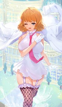 1girl absurdres blonde_hair blue_eyes blunt_bangs breasts dress fishnet_thighhighs fishnets garter_straps gloves highres jacket jacket_on_shoulders large_breasts looking_at_viewer mixed-language_commentary necktie one_eye_closed one_piece pink_necktie sc_scandium short_dress sleeveless sleeveless_dress stussy_(one_piece) thighhighs twitter_username white_gloves