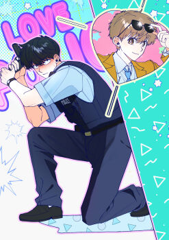 Rule 34 | 2boys, absurdres, alternate costume, black hair, black shoes, blue necktie, blush, brown eyes, brown hair, closed mouth, commentary request, english text, eyewear on head, g jumuck bab, ganbare! nakamura-kun!!, gun, heart frame, highres, hirose aiki, holding, holding gun, holding weapon, jacket, korean commentary, male focus, multiple boys, nakamura okuto, necktie, on one knee, police, police uniform, policeman, shirt, shoes, short hair, weapon, white shirt, yellow jacket