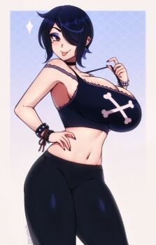 1girl armpits black_leggings bracelet breasts cleavage crop_top from_side hair_over_one_eye hand_on_own_hip highres jewelry large_breasts leggings looking_at_viewer makeup nail_polish navel original purple_hair short_hair smile solo stomach the_scarlet_devil tongue tongue_out top_pull vivienne_(the_scarlet_devil)