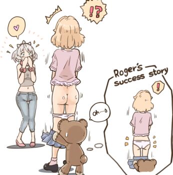 Rule 34 | !, !?, 1boy, 2girls, ?, ^^^, accidental exposure, ambiguous gender, androgynous, ass, assisted exposure, blonde hair, blush, bracelet, bridget (guilty gear), clothes pull, collar, denim, elphelt valentine, embarrassed, english text, green eyes, grey hair, guilty gear, guilty gear strive, hair ornament, hairband, hand to own mouth, heart, high heels, highres, jeans, jewelry, miniskirt, motion lines, multiple girls, navel, panties, pants, pantsing, panty pull, pink shirt, prank, pulling another's clothes, roger (guilty gear), shirt, skirt, skirt down, skirt pull, speech bubble, spiked bracelet, spiked collar, spikes, spoken heart, stuffed animal, stuffed toy, sugajyun, surprised, sweatdrop, talking, teddy bear, thought bubble, underwear, undressing another, white background, wide-eyed, wrist cuffs