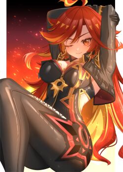 Rule 34 | 1girl, ahoge, arms up, backless bodysuit, biker clothes, bikesuit, black bodysuit, black gloves, bodysuit, border, breasts, cleavage, closed mouth, cropped jacket, ear piercing, earrings, fire, genshin impact, gloves, hands on own arms, highres, jewelry, large breasts, long hair, looking at viewer, mavuika (genshin impact), miden (setoharu kano), multicolored eyes, multicolored hair, orange eyes, orange hair, outside border, piercing, red background, red eyes, red hair, sitting, smile, solo, streaked hair, stretching, very long hair, white border