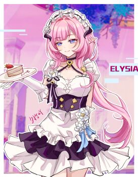 1girl absurdres apron black_dress blue_eyes border breasts butterfly_hair_ornament cake cake_slice chinese_commentary commentary_request dated_commentary dress elf elysia_(honkai_impact) elysia_(miss_pink)_(honkai_impact) elysia_(miss_pink_elf)_(honkai_impact) fake_horns food game_screenshot_background hair_ornament highres holding holding_tray honkai_(series) honkai_impact_3rd horns large_breasts long_hair maid maid_apron maid_headdress official_alternate_costume pink_hair pink_sky pointy_ears screenshot_background sky smile solo tray very_long_hair white_apron white_border xi_ningya