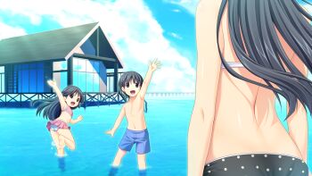 10s 1boy 2girls back back_focus barefoot black_eyes black_hair character_request fukami_nagisa game_cg highres house koutaro loli long_hair multiple_girls open_mouth short_hair shota swimsuit tropical_kiss tropical_vacation twinkle_(company) water waving