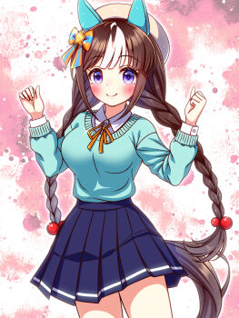 Rule 34 | 1girl, animal ears, aqua sweater, beret, blue skirt, blue sweater, blush, braid, breasts, brown hair, casual, closed mouth, collared shirt, commentary request, ear covers, hat, highres, hokko tarumae (casual) (umamusume), hokko tarumae (umamusume), horse ears, horse girl, horse tail, large breasts, long braid, long hair, looking at viewer, multicolored hair, neck ribbon, orange ribbon, purple eyes, ribbon, shirt, skirt, smile, solo, striped hair, sugimotty nova, sweater, tail, twin braids, umamusume, white hat, white shirt