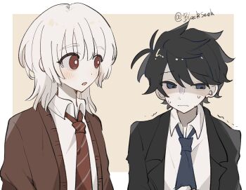 Rule 34 | 2boys, absurdres, akinashi haru, antenna hair, averting eyes, black hair, black jacket, blackseek, blue eyes, blue necktie, blush, brown cardigan, cardigan, collared shirt, dress shirt, highres, jacket, lapels, looking at another, multiple boys, necktie, red eyes, red necktie, saihate eki, shirt, tatsunami shion, trembling, upper body, white hair, white shirt