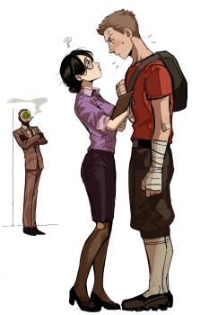 1girl 2boys ? absurdres animification backpack bag bandaged_arm bandages bandaid bandaid_on_arm bandaid_on_face bandaid_on_nose black_footwear black_necktie black_pants black_pantyhose blush brown_hair brown_jacket brown_pants collared_shirt crossed_arms formal_clothes from_side glasses hair_behind_ear hair_bun high_heels highres jacket looking_down looking_up ma2_ereki miss_pauling multiple_boys necktie pants pantyhose paper pinstripe_jacket pinstripe_pants pinstripe_pattern pinstripe_suit purple_shirt red_scout_(tf2) red_spy_(tf2) scout_(tf2) shirt shoes single_hair_bun smoking spy_(tf2) striped suit team_fortress_2 white_shirt