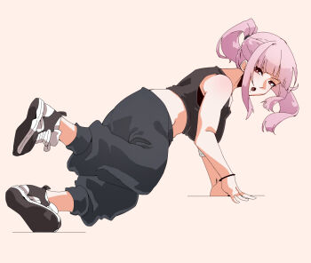 1girl alternate_costume black_shoes breakdance breasts bright_pupils commentary crop_top english_commentary eyelashes full_body grey_pants grey_shirt hololive hololive_english long_hair lord_joeboto midriff mori_calliope open_mouth pants pink_hair ponytail red_eyes shirt shoelaces shoes sidelocks simple_background solo sweatpants virtual_youtuber white_background white_pupils