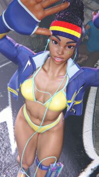 1girl 3d alternate_costume aqua_hair bikini black_hair braid breasts cleavage curvy dark-skinned_female dark_skin dreadlocks from_above gloves highleg highleg_bikini highres jacket kimberly_jackson long_hair multicolored_hair official_alternate_costume open_clothes open_jacket ryona shiny_skin smile solo standing street_fighter street_fighter_6 swimsuit third-party_edit thong thong_bikini wide_hips yellow_bikini