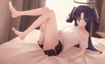 1girl barefoot black_shorts blue_archive breasts commentary_request dolphin_shorts feet halo highres long_hair mechanical_halo medium_breasts on_bed purple_eyes purple_hair shirt shorts single_bare_shoulder soles solo stellated_icosahedron toes two_side_up very_long_hair white_shirt yuuka_(blue_archive)