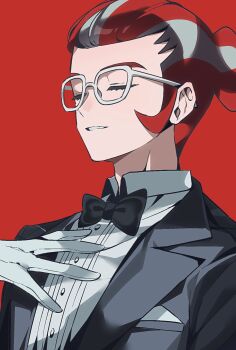 1boy black_bow black_bowtie black_jacket bow bowtie butler closed_eyes dress_shirt ebi_(shrimp_eleven) formal_clothes glasses gloves grisham_(pokemon) hand_on_own_chest highres jacket male_focus multicolored_hair nintendo parted_lips pokemon pokemon_legends:_z-a red_background red_hair shirt sideburns simple_background smile solo suit_jacket white-framed_eyewear white_gloves white_hair white_shirt