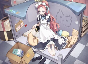 1girl apron barefoot black_dress black_shoes blue_archive blue_bow blue_bowtie blue_ribbon book book_stack bow bowtie box cardboard_box cat character_name checkered_floor chinese_commentary commentary_request curtains dress duster english_text frilled_apron frills game_boy game_boy_color grey_eyes hair_bow hair_ribbon halo handheld_game_console heart highres long_hair maid maid_apron maid_headdress name_tag nintendo_switch nintendo_switch_lite note number_print orange_cat paw_print peroro_(blue_archive) red_hair ribbon shoes short_sleeves sitting solo white_bow yangge yellow_halo yuzu_(blue_archive) yuzu_(maid)_(blue_archive)