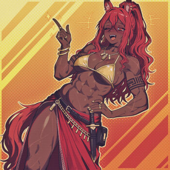 +++ 1girl abs animal_ear_piercing animal_ears arknights bikini black_choker breasts caffichai choker cleavage commentary dagger dark-skinned_female dark_skin dutch_angle english_commentary fangs gold_bikini gold_nails gold_necklace golden_week hand_up highres horse_ears horse_girl horse_tail index_finger_raised jewelry knife long_hair multiple_rings muscular muscular_female narantuya_(arknights) necklace no_shirt one_eye_closed open_mouth ponytail pouch red_hair red_skirt ring sheath sheathed simple_background skirt solo swimsuit tail teeth upper_teeth_only weapon