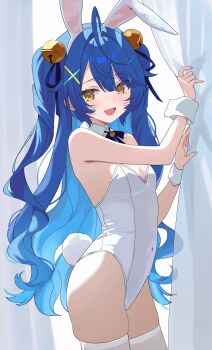 1girl absurdres ahoge amamiya_kokoro animal_ears bare_shoulders bell blue_hair breasts covered_navel cowboy_shot curtains detached_collar fake_animal_ears fake_tail gradient_hair hairband highleg highleg_leotard highres jingle_bell leotard long_hair looking_at_viewer multicolored_hair nijisanji open_mouth playboy_bunny rabbit_ears rabbit_tail skindentation small_breasts smile solo strapless strapless_leotard tail thighhighs thighs tillots two_side_up very_long_hair virtual_youtuber white_hairband white_leotard white_thighhighs wrist_cuffs yellow_eyes