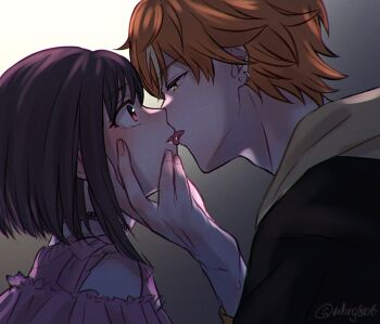 1boy 1girl backlighting bare_shoulders black_choker black_jacket blush bob_cut brother_and_sister brown_hair choker chromatic_aberration clothing_cutout colorful_festival_(project_sekai) commentary_request ear_piercing earrings eye_contact film_grain fingernails french_kiss frilled_shirt frills from_side green_eyes grey_background hair_between_eyes hand_on_another&#039;s_chin hand_up hetero highres hood hood_down hooded_jacket incest inverted_bob jacket jewelry kiss long_sleeves looking_at_another multicolored_hair nhrg806 official_alternate_costume open_mouth orange_hair piercing pink_eyes pink_shirt profile project_sekai shinonome_akito shinonome_ena shirt short_hair shoulder_cutout siblings simple_background streaked_hair twitter_username white_hair wide-eyed yellow_hood