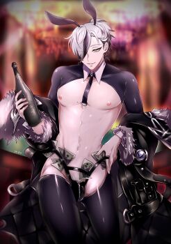 1boy alcohol animal_ears black_hair bottle breasts champagne coat eye_visible_through_hair fur_trim green_eyes grey_hair hair_over_one_eye half-closed_eyes highres holding holding_bottle looking_at_viewer male_focus male_playboy_bunny mole mole_on_breast mole_under_mouth money money_in_panties multicolored_hair nipples nu_carnival off_shoulder panties parted_lips pectorals playboy_bunny ponytail rabbit_ears rei_(nu_carnival) reverse_bunnysuit reverse_outfit short_hair short_ponytail smile smug teeth thighhighs tucked_money underwear yadome810 zipper zipper_panties
