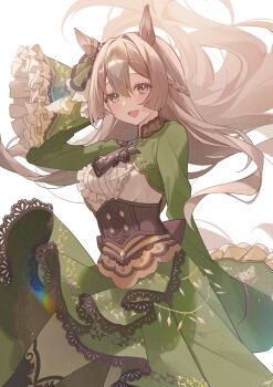 Rule 34 | 1girl, :d, absurdres, animal ears, bow, braid, brown hair, commentary request, dress, ear ribbon, green dress, green ribbon, hair between eyes, half up braid, highres, horse girl, horse tail, long hair, long sleeves, looking at viewer, open mouth, ribbon, satono diamond (umamusume), simple background, sleeves past fingers, sleeves past wrists, smile, solo, tail, umamusume, white background, yogukasu