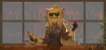 1girl absurdres alcohol animal_ears arknights bar_(place) black_cape black_gloves black_vest bottle cape commentary counter crossed_bangs cup drink drinking_glass eyewear_on_head gloves green_eyes grey_cape grey_hair grey_necktie hair_between_eyes hair_ornament hairclip highres holding holding_bottle holding_drink kaera lappland_(arknights) lappland_the_decadenza_(arknights) lappland_the_decadenza_(unruly_humbleness)_(arknights) long_hair necktie official_alternate_costume purple_shirt reflection shirt sketch_background sleeves_rolled_up smile solo striped_clothes striped_shirt sunglasses tie_clip two-sided_cape two-sided_fabric vertical-striped_clothes vertical-striped_shirt vest wine wine_glass wolf_ears wolf_girl