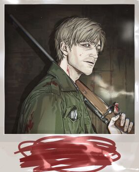 1boy absurdres adam&#039;s_apple bloober_team blood blood_on_clothes blood_on_hands bolt-action_rifle bolt_action brown_hair censored censored_text english_text fake_photograph green_shirt gun highres holding holding_gun holding_weapon james_sunderland konami long_hair male_focus nyeigneous parted_lips pointless_censoring polaroid_photo red_pupils remake rifle shirt short_hair silent_hill_(series) silent_hill_2 silent_hill_2_(remake) smoke solo sparse_stubble trigger_discipline weapon winchester_model_70 winchester_repeating_arms_company