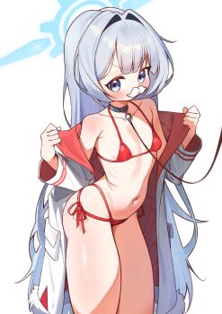1girl bare_shoulders bikini blue_archive blue_eyes blue_halo blush bow cherino_(blue_archive) coat coat_partially_removed collar facial_hair fake_facial_hair fake_mustache halo highres leash leash_pull led_winter loli long_hair mustache navel red_bikini standing swimsuit white_background white_coat white_hair white_mustache