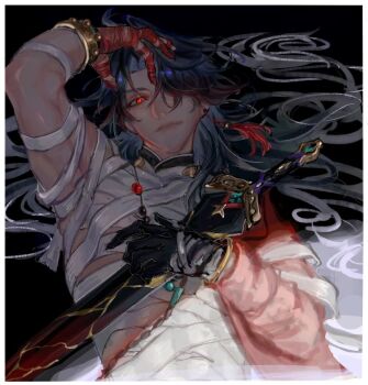 1boy 5564ma arm_up bandaged_hand bandages black_gloves blade_(elation)_(honkai:_star_rail) blade_(honkai:_star_rail) border bracelet closed_mouth coat commentary_request gloves gradient_hair hair_over_one_eye jewelry light_smile long_hair male_focus multicolored_hair official_alternate_costume one_eye_covered red_bandage red_coat red_eyes single_glove solo sword upper_body very_long_hair weapon white_border