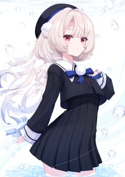 Rule 34 | 1girl, beret, black hat, black shirt, black skirt, blonde hair, blue ribbon, collared shirt, commentary, cowboy shot, fuuna, hand up, hat, highres, long sleeves, looking at viewer, medium hair, parted lips, pinstripe pattern, pinstripe shirt, pinstripe skirt, pleated skirt, red eyes, ribbon, shirt, skirt, sleeves past wrists, solo, ui (voisona), virtual youtuber, voisona, wading, water, water drop, white ribbon